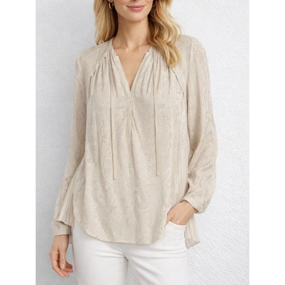 Rebecca Taylor Silk Pleated Back Cream Tan Top Blouse Size M